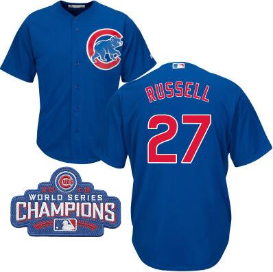 2016 Chicago Cubs 27 Addison Russell Majestic Blue men World Series Champions Cool Base Logo Patch Jersey