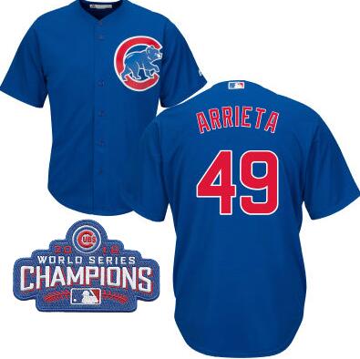 2016 Chicago Cubs Jake Arrieta Majestic Blue Mens  World Series Champions Team Logo Patch Player Jersey