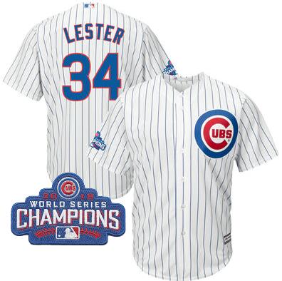 2016 Chicago Cubs Jon Lester Majestic White Home Mens  World Series Champions Team Logo Patch Player Jersey