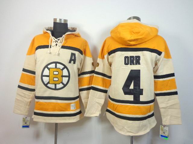 Boston Bruins 4 Bobby Orr beige yellow NHL hooded sweatshirt