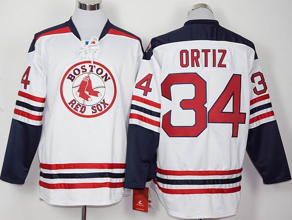 Custom Boston Red Sox 34 David Ortiz white long sleeves men baseball mlb  jersey