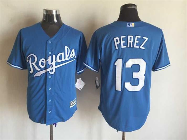 Kansas City Royals 13 Salvador Perez Blue majestic men baseball mlb jersey