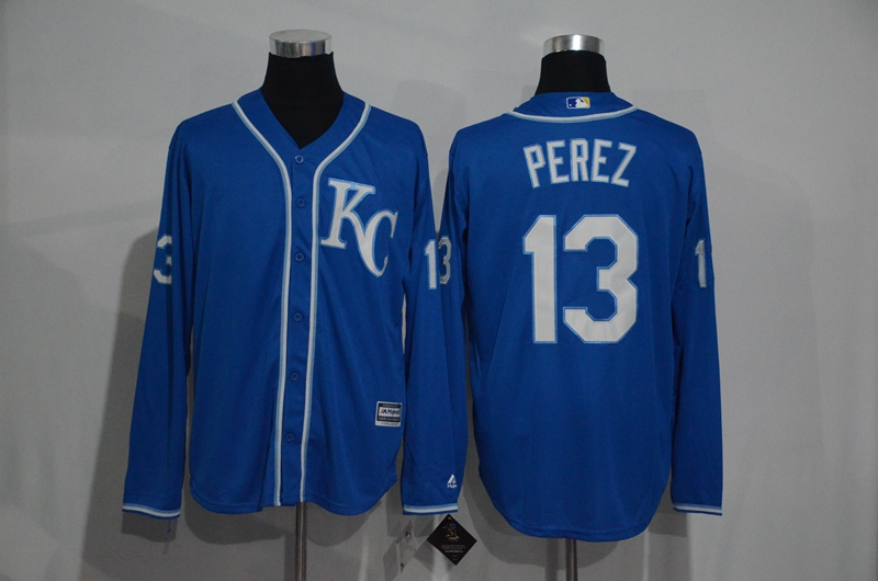 Kansas City Royals 13 Salvador Perez blue long sleeves men baseball mlb Jersey