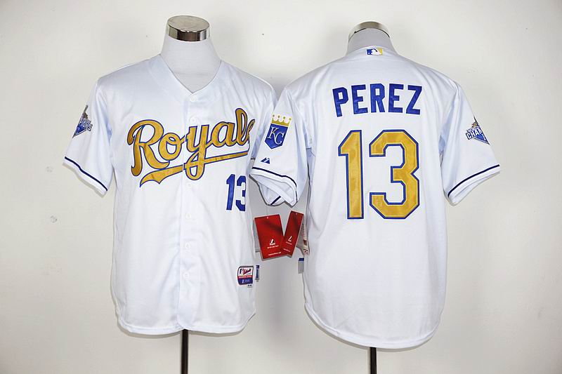 Kansas City Royals 13 Salvador Perez white World Series Champions men baseball mlb jersey