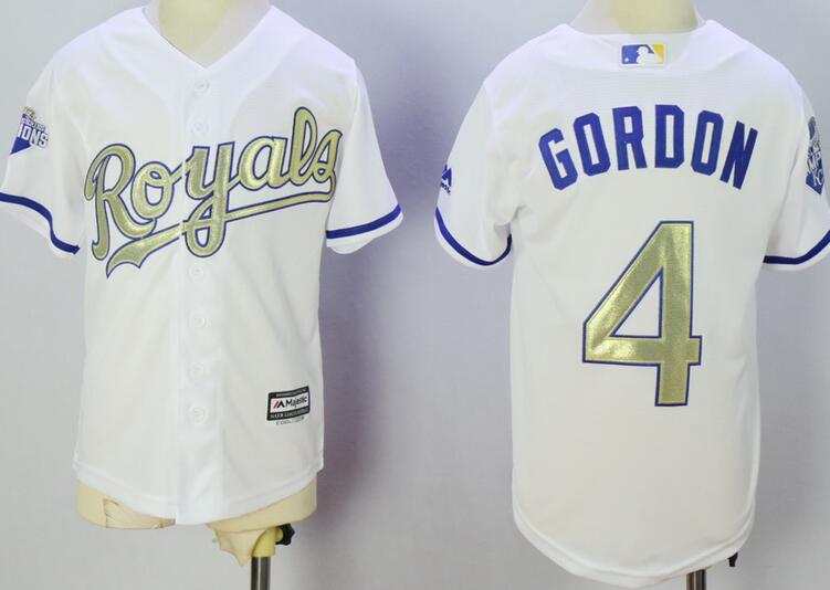 Kansas City Royals 4 Alex Gordon white World Series Champions men baseball mlb jersey