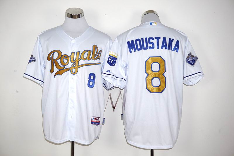 Kansas City Royals 8 Mike Moustakas white World Series Champions men baseball mlb jersey