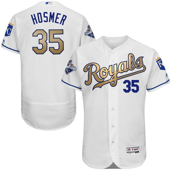 Kansas City Royals Eric Hosmer 35 Lorenzo Cain Majestic White World Series Champions Gold Program Cool Base-elite