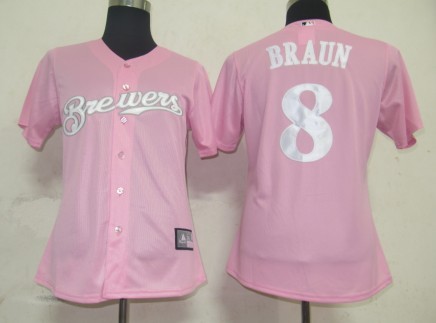 Milwaukee Brewers 8 Ryan Braun Pink MLB Women Jerseys