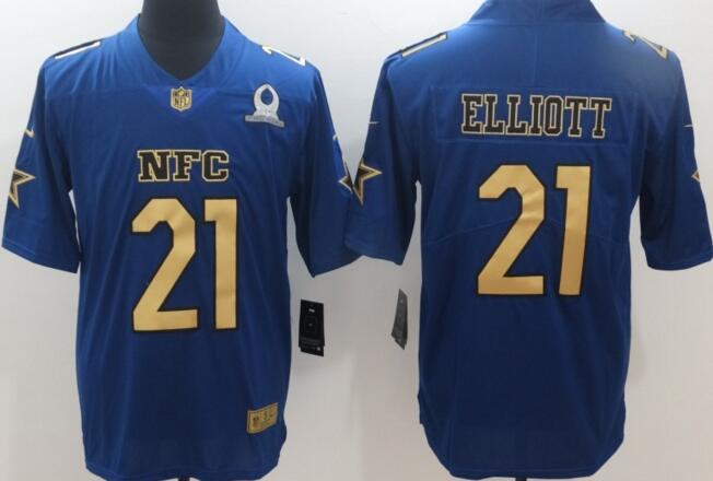 New Nike Ezekiel Elliott 21 blue gold number 2017 Pro Bowl rush Limited men football Jersey