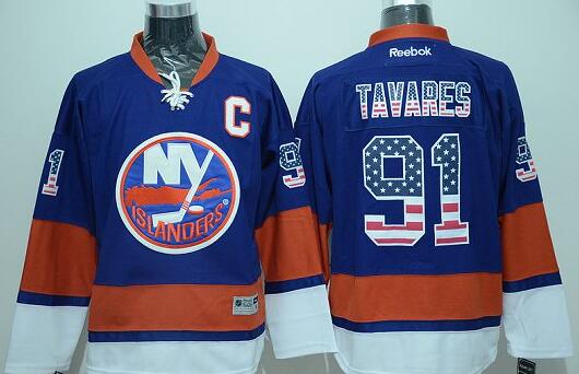 New York Islanders 91 John Tavares Blue US Flag men nhl Jersey