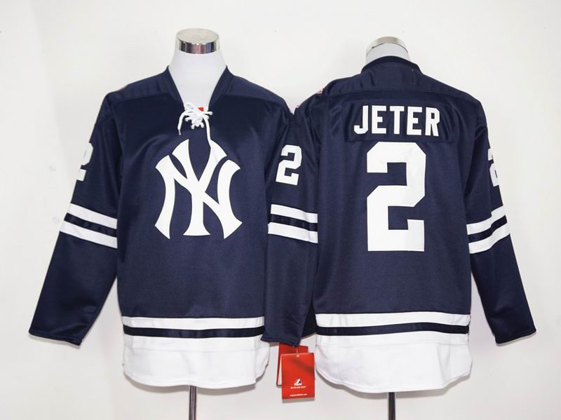 New York Yankees #2 Derek Jeter dark blue long sleeves baseball jersey
