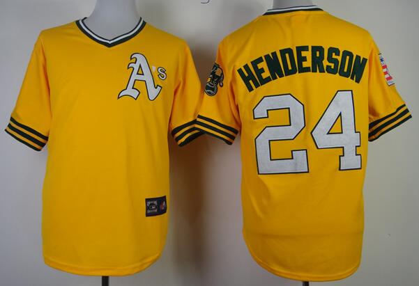 Oakland Athletics 24 Rickey Henderson throwback Yellow MLB Jerseys