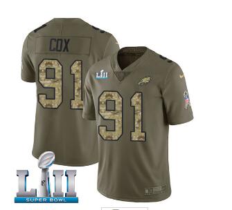 Men's Nike Eagles #91 Fletcher Cox Olive Camo Super Bowl LII Stitched NFL Limited 2017 Salute To Service Jersey