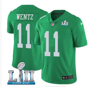 Men's Nike Eagles #11 Carson Wentz Green Super Bowl LII Stitched NFL Limited Rush Jersey