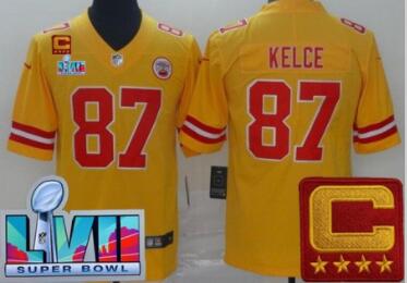 Men's Kansas City Chiefs #87 Travis Kelce Limited Red C Patch Super Bowl LVII Vapor Jersey