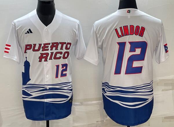 Men's Lindor Puerto Rico Baseball 2023 World Baseball stitched Jersey - White