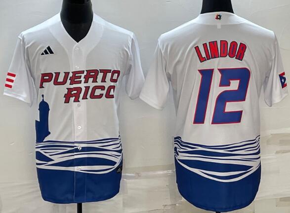 Men's Lindor Puerto Rico Baseball 2023 World Baseball stitched Jersey - White