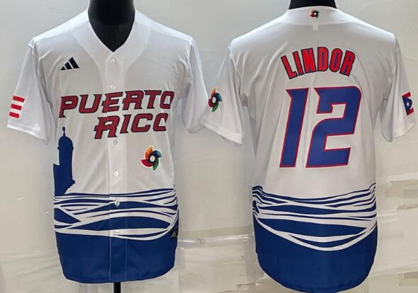 Men's Lindor Puerto Rico Baseball 2023 World Baseball stitched Jersey - White