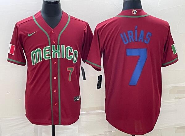 Men's Mexico Baseball #7 Julio Urias Number 2023 Red Blue World Baseball Classic Stitched Jersey