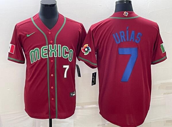 Men's Mexico Baseball #7 Julio Urias Number 2023 Red Blue World Baseball Classic Stitched Jersey