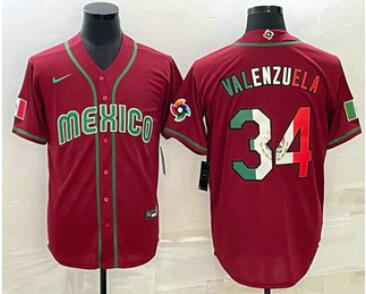 Men's Mexico Baseball #34 Fernando Valenzuela 2023 Red Blue World Baseball Classic Stitched Jersey