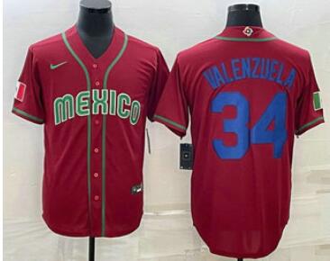 Men's Mexico Baseball #34 Fernando Valenzuela 2023 Red Blue World Baseball Classic Stitched Jersey