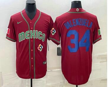 Men's Mexico Baseball #34 Fernando Valenzuela 2023 Red Blue World Baseball Classic Stitched Jersey