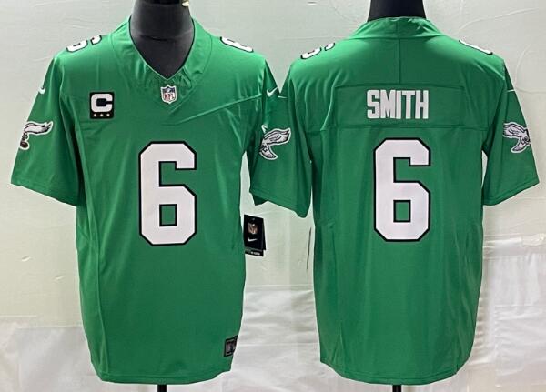 Men's Philadelphia Eagles #6 DeVonta Smith Green C Patch   Stitched   Jersey