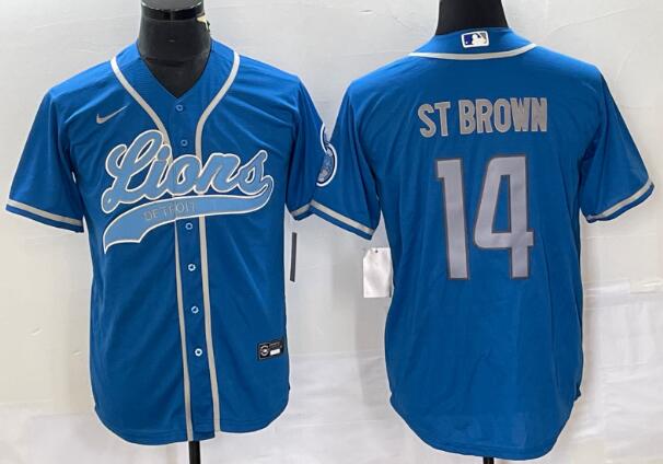 Men's Detroit Lions #14 Amon Ra St Brown   Stitched Baseball Jersey