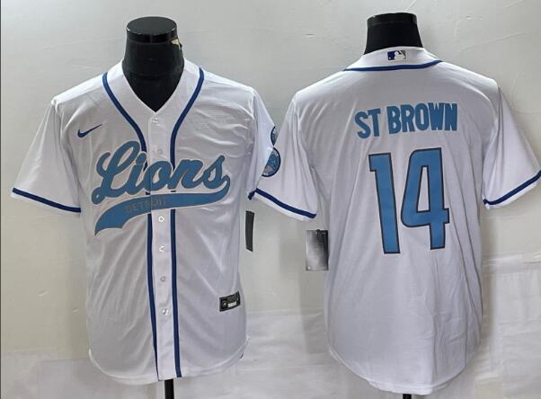 Men's Detroit Lions #14 Amon Ra St Brown   Stitched Baseball Jersey