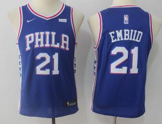 Kids Philadelphia 76ers #21 Joel Embiid NEW Blue Stitched NBA Nike Revolution 30 Swingman Jersey