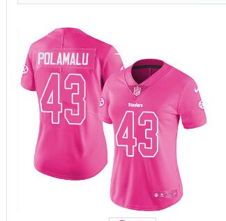Nike Steelers #43 Troy Polamalu Pink Women's Stitched NFL Limited Rush Fashion Jersey