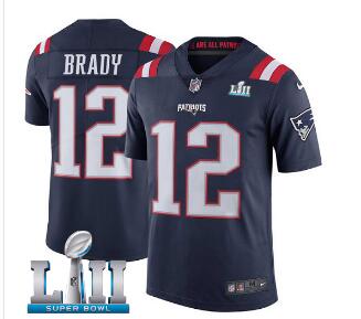 Men's Nike Patriots #12 Tom Brady Navy Blue Super Bowl LII Stitched NFL Limited Rush Jersey