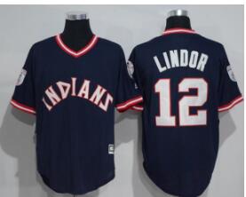 Men's Cleveland Indians #12 Francisco Lindor Navy Blue Pullover Majestic 1976 Turn Back the Clock Jersey