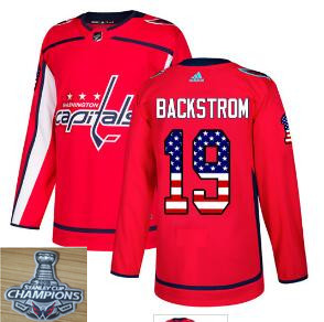Adidas Capitals #19 Nicklas Backstrom Red Home  2018 Stanley Cup Champions Flag Stitched NHL Jersey