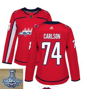 Women Adidas Capitals #74 John Carlson Red Home 2018 Stanley Cup Champions  Stitched NHL Jersey