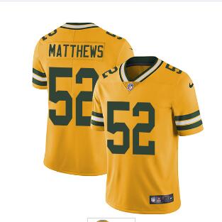 Nike Green Bay Packers #52 Clay Matthews Yellow Men's Stitched NFL Limited Rush Jersey