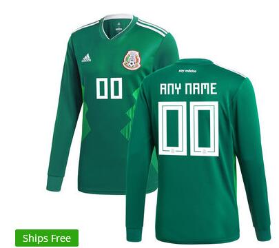 Mexico National Team adidas 2018 Home Replica Custom Long Sleeve Jersey - Green