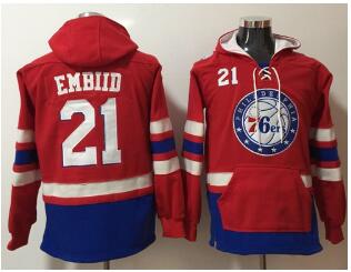 76ers #21 Joel Embiid Red Name & Number Pullover NBA Hoodie