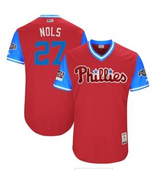 Men's Philadelphia Phillies 27 Aaron Nola Nols Majestic Scarlet 2018 MLB Little League Classic Authentic Jersey