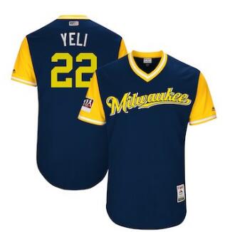 Men's Milwaukee Brewers 22 Christian Yelich Yeli Majestic Navy 2018 Players' Weekend Authentic Jersey