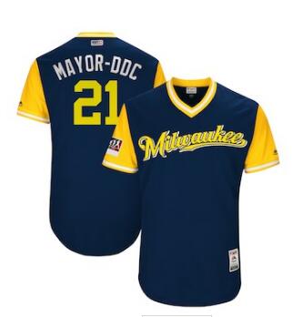 Men's Milwaukee Brewers 21 Travis Shaw Mayor-DDC Majestic Navy 2018 Players' Weekend Authentic Jersey