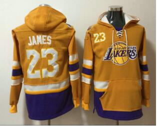 Men's Los Angeles Lakers #23 LeBron James Yellow Pocket Stitched NBA Pullover Hoodie