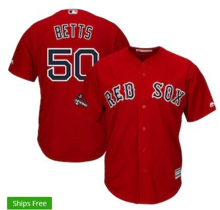 Men's Boston Red Sox Mookie Betts Majestic Scarlet 2018 World Series Champions Team Logo Player Jersey
