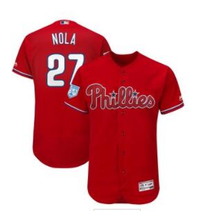 Men's Philadelphia Phillies 27 Aaron Nola Majestic Scarlet 2019 Spring Training Flex Base Player Jersey