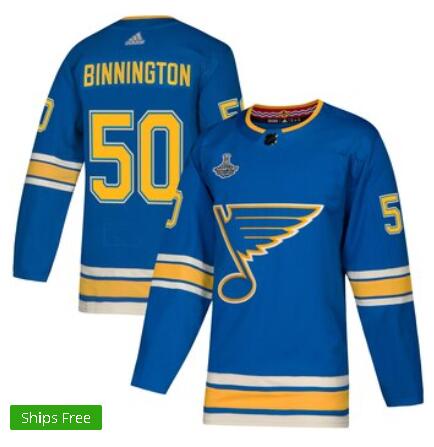 Men's St. Louis Blues Jordan Binnington adidas Blue 2019 Stanley Cup Champions Alternate Authentic Player Jersey
