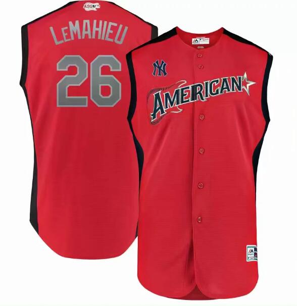 Men's American League DJ LeMahieu Majestic Red 2019 MLB All-Star Game Workout Player Jersey