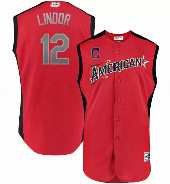 Men's American League Francisco Lindor Majestic Red 2019 MLB All-Star Game Workout Player Jersey