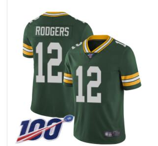 Packers #12 Aaron Rodgers Green Team Color Men's Stitched Football 100th Season Vapor Limited Jersey