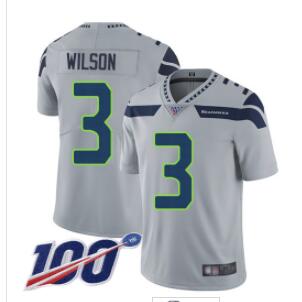 Seahawks #3 Russell Wilson Grey Alternate Men's Stitched Football 100th Season Vapor Limited Jersey